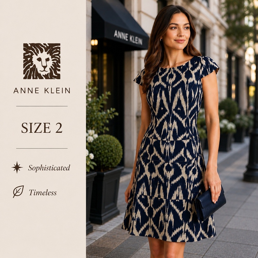 Anne Klein Dress Womens 2‎ Navy Blue Ikat Geometric Fit Flare  Workwear Boho Mod
